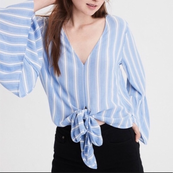 American Eagle Outfitters Tops - 4/$20 AEO Striped Bell Sleeve Front Tie Crop Top